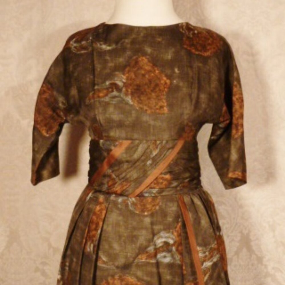 Vintage 1950s Abe Schrader Autumn Brown Gold Orange Floral Silk Cocktail Dress